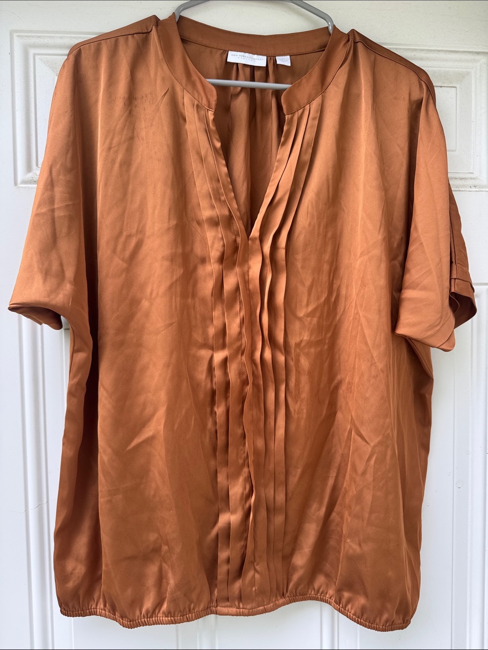 New York & Company Rust Pintuck Short Sleeve Blouse